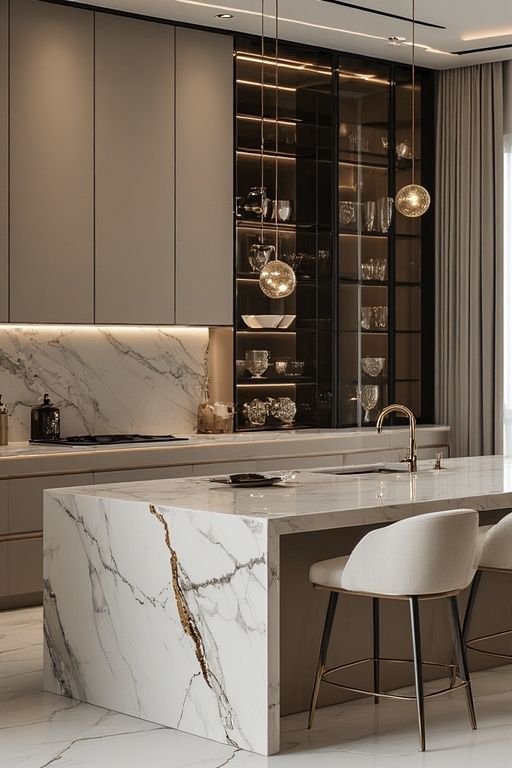 About luxury modern kitchen design calacatta marble island & taupe cabinets